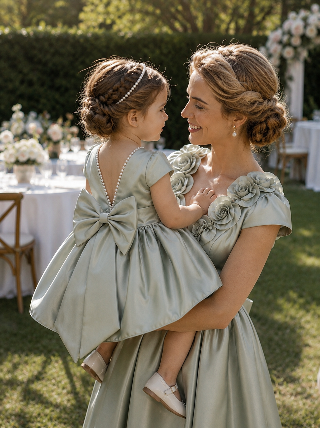 Sage Satin Ivory Pearl V Back Knee Length Dress Wedding Flower Girl Bridesmaid Junior Youth Toddler Holiday Fall Dress