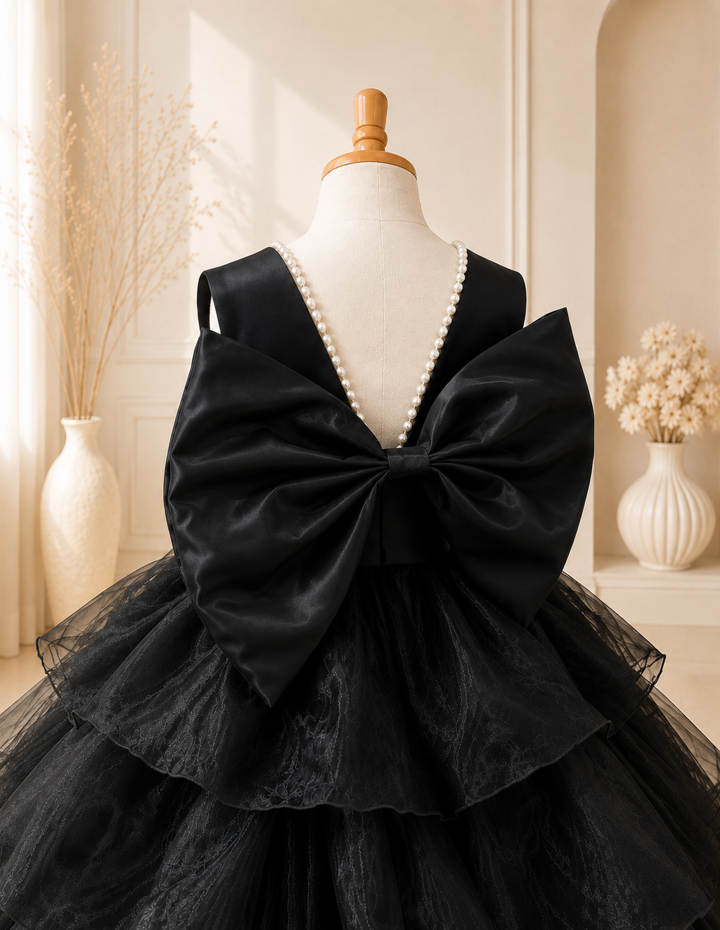 Black Organza Pearl Ruffle Knee Dress Toddler Youth Tween Junior Flower Girl Bridesmaid Dress Holiday Pageant Wedding