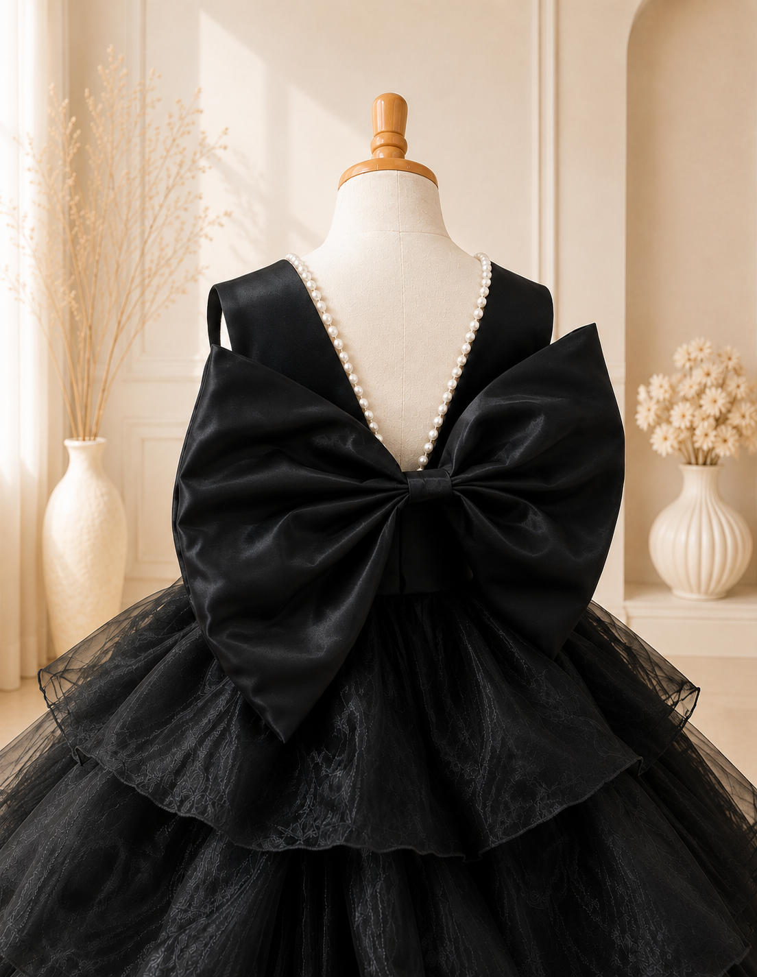 Black Organza Pearl Ruffle Knee Dress Toddler Youth Tween Junior Flower Girl Bridesmaid Dress Holiday Pageant Wedding