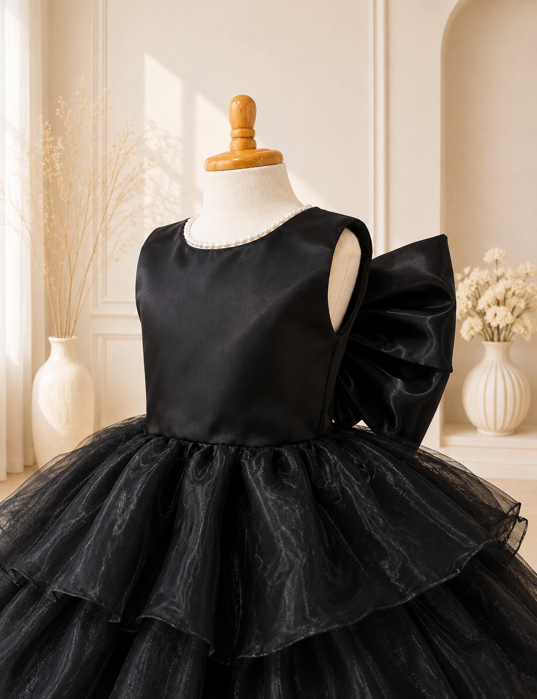 Black Organza Pearl Ruffle Knee Dress Toddler Youth Tween Junior Flower Girl Bridesmaid Dress Holiday Pageant Wedding