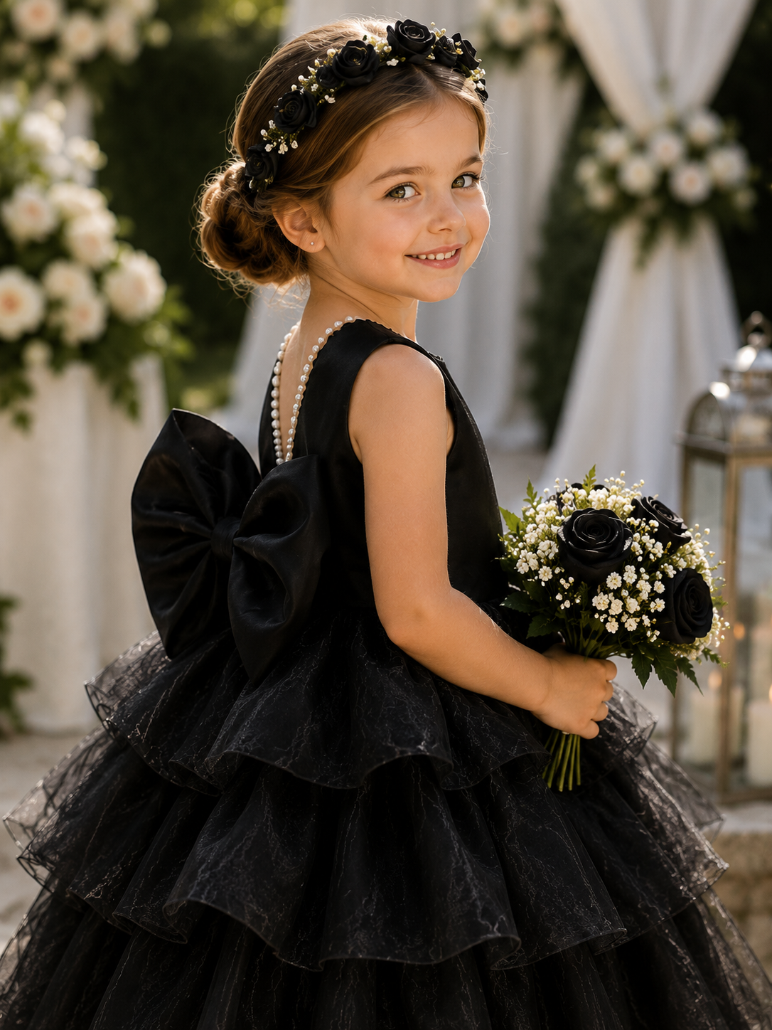 Black Organza Pearl Ruffle Knee Dress Toddler Youth Tween Junior Flower Girl Bridesmaid Dress Holiday Pageant Wedding