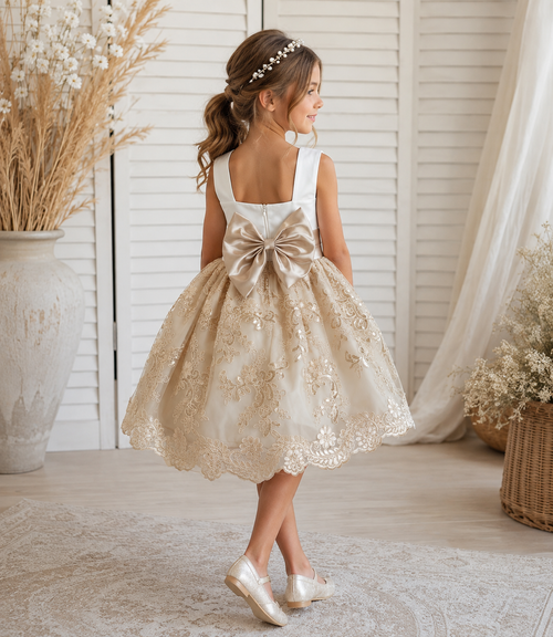 Boho Champagne Ivory Flower Girl Dress Knee Length Wedding Holiday