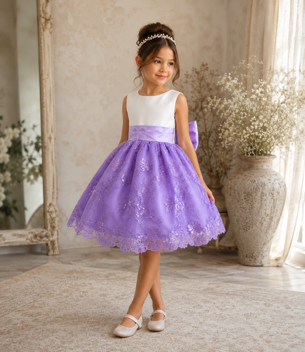 Lilac Floral Sequin Embroidery Satin Knee Length Lavender Lilac Satin Dress