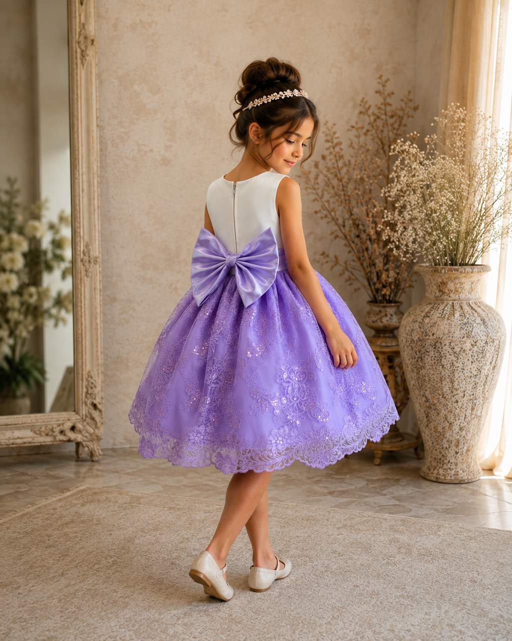 Lilac Floral Sequin Embroidery Satin Knee Length Lavender Lilac Satin Dress