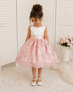 Blush Floral Embroidery Sequin Girl Dress Bow Knee Length Gown Youth Toddler Junior Custom Sizes
