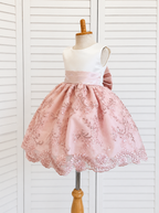 Blush Floral Embroidery Sequin Girl Dress Bow Knee Length Gown Youth Toddler Junior Custom Sizes