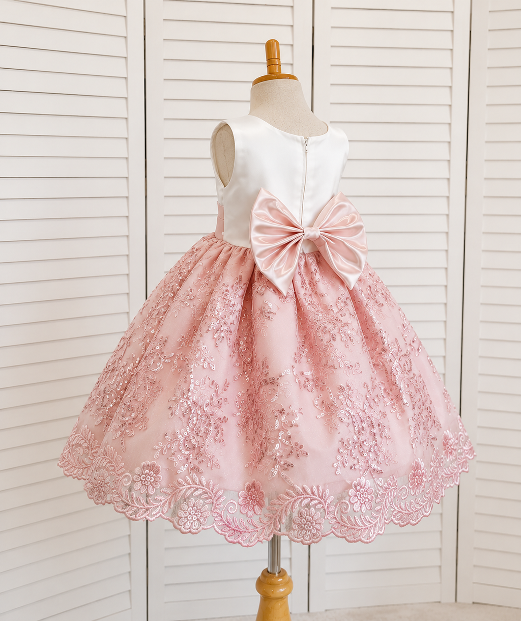 Blush Floral Embroidery Sequin Girl Dress Bow Knee Length Gown Youth Toddler Junior Custom Sizes