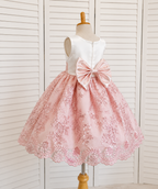 Blush Floral Embroidery Sequin Girl Dress Bow Knee Length Gown Youth Toddler Junior Custom Sizes