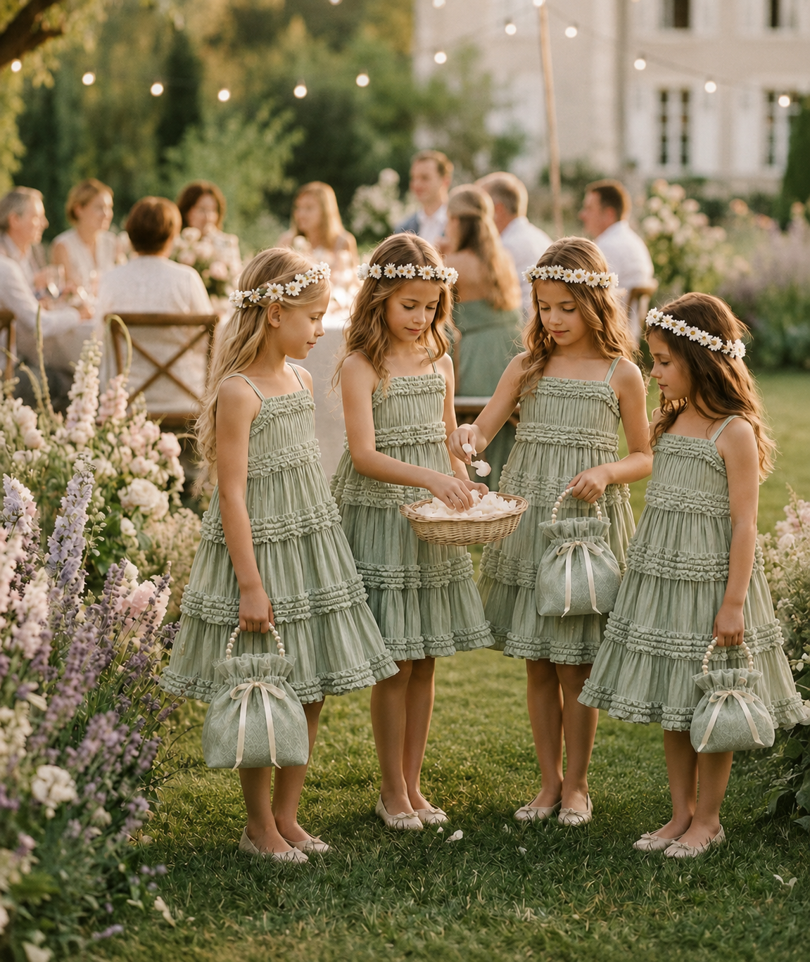 Smocked Ruffled Linen Sage Knee Length Dress Flower Girl Bridesmaid Boho Timeless