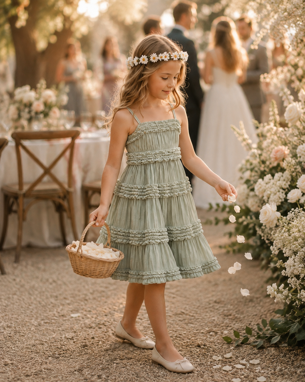 Smocked Ruffled Linen Sage Knee Length Dress Flower Girl Bridesmaid Boho Timeless