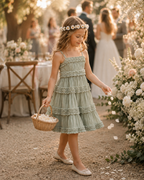 Smocked Ruffled Linen Sage Knee Length Dress Flower Girl Bridesmaid Boho Timeless