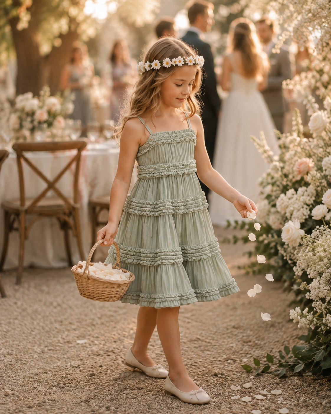 Smocked Ruffled Linen Sage Knee Length Dress Flower Girl Bridesmaid Boho Timeless