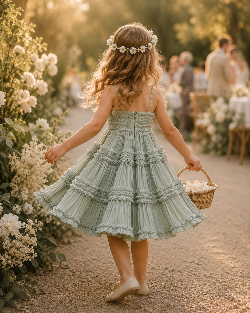 Smocked Ruffled Linen Sage Knee Length Dress Flower Girl Bridesmaid Boho Timeless