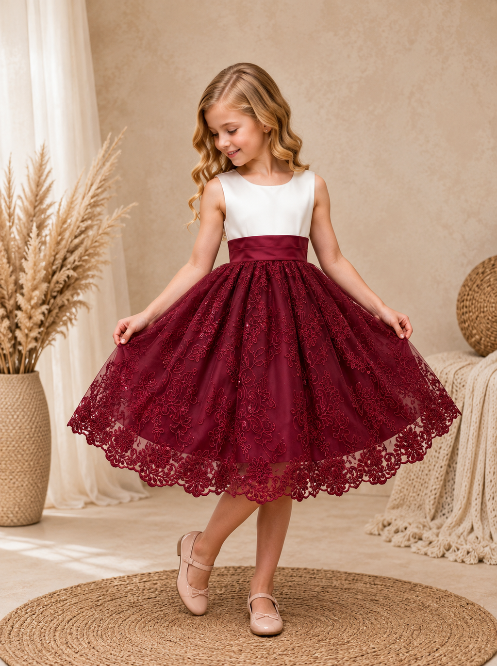 Burgundy Ivory Embroidery Floral Sequin Knee Length Maroon Dress