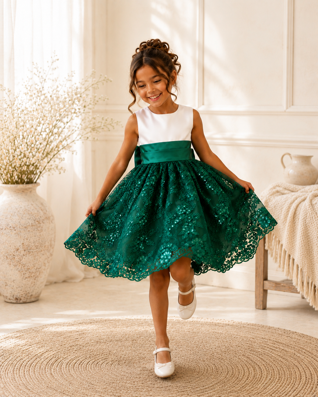 Hunter Green Floral Sequin Embroidery Knee Length Dress Youth Toddler Junior Flower Girl