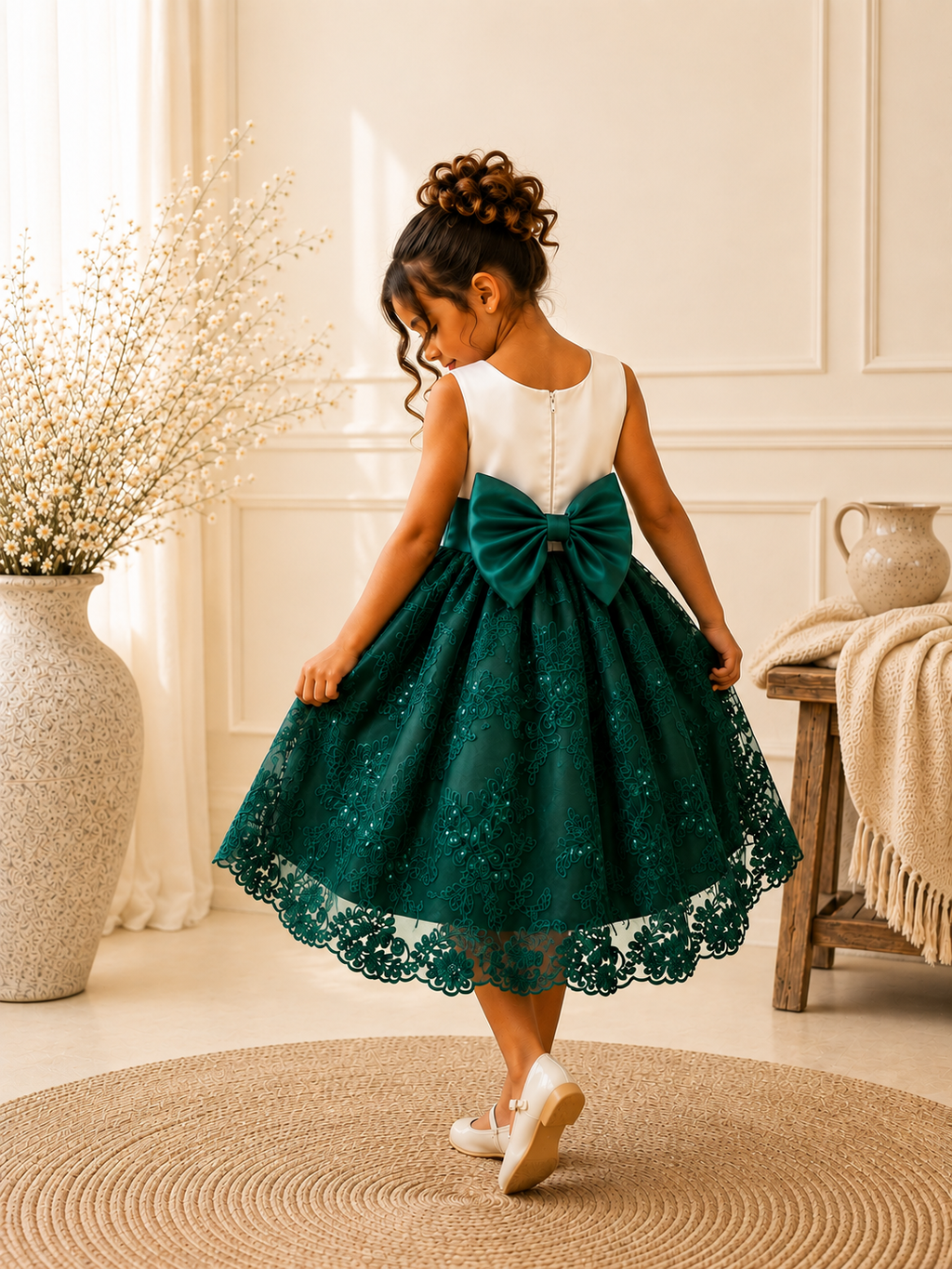 Hunter Green Floral Sequin Embroidery Knee Length Dress Youth Toddler Junior Flower Girl