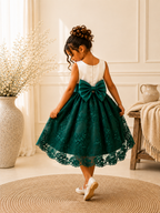 Hunter Green Floral Sequin Embroidery Knee Length Dress Youth Toddler Junior Flower Girl