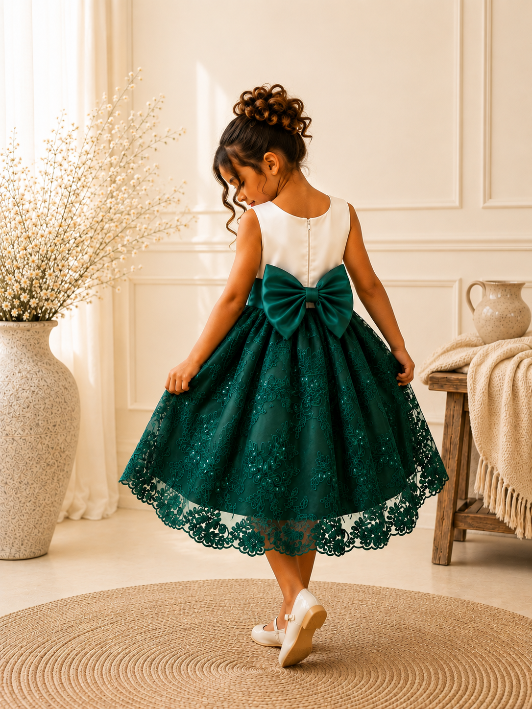 Hunter Green Floral Sequin Embroidery Knee Length Dress Youth Toddler Junior Flower Girl