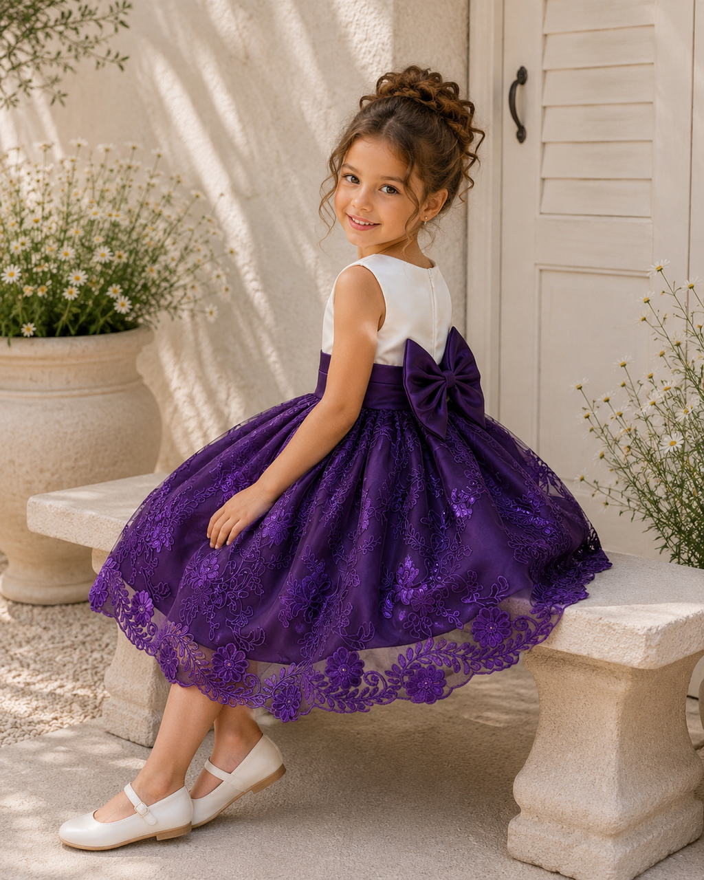 Plum Embroidery Knee Length Dress Eggplant Bridesmaid Flower Girl Junior Youth Toddler