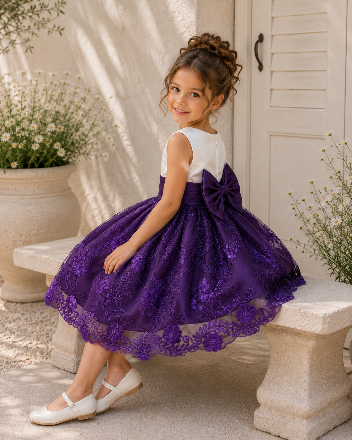 Plum Embroidery Knee Length Dress Eggplant Bridesmaid Flower Girl Junior Youth Toddler