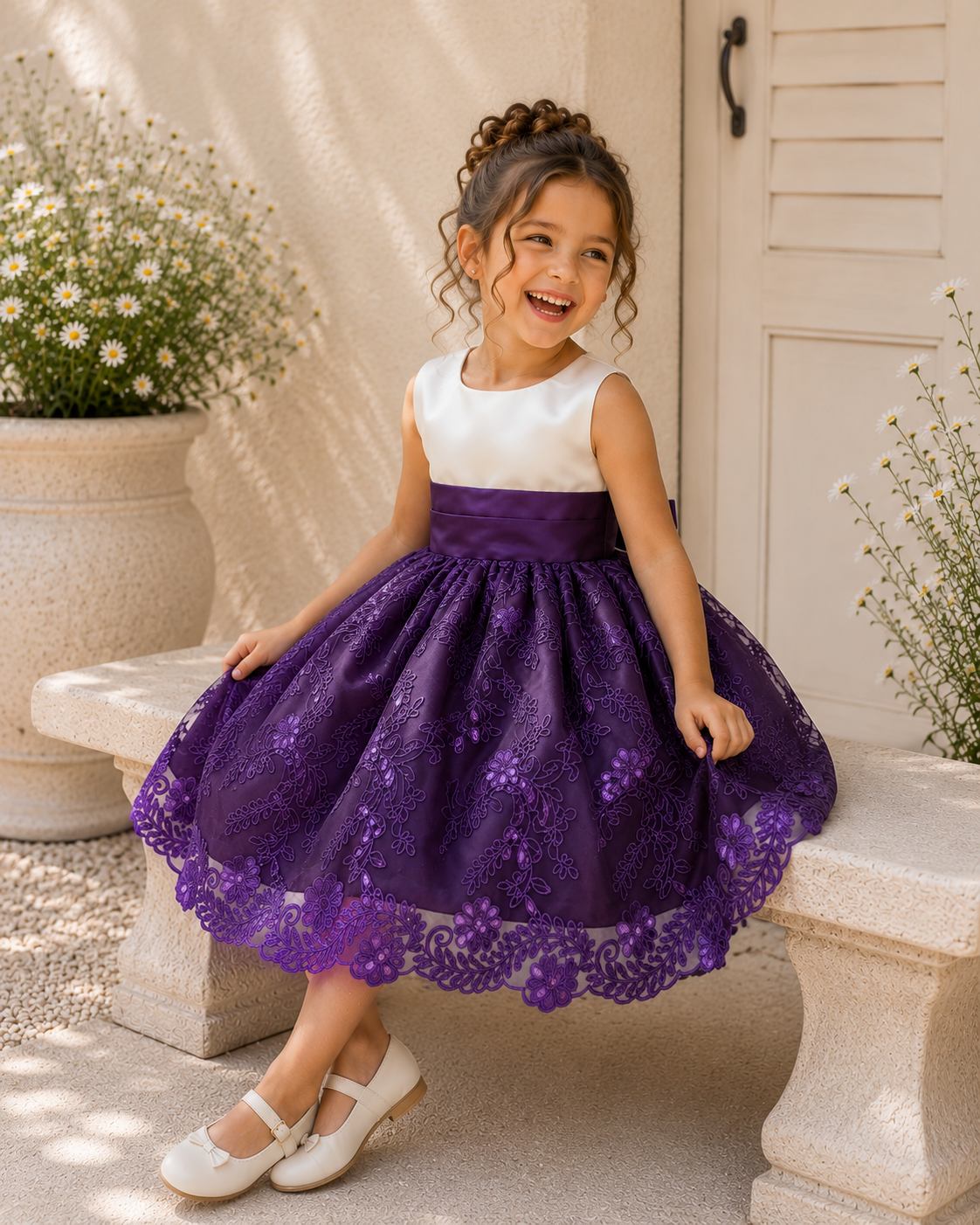 Plum Embroidery Knee Length Dress Eggplant Bridesmaid Flower Girl Junior Youth Toddler