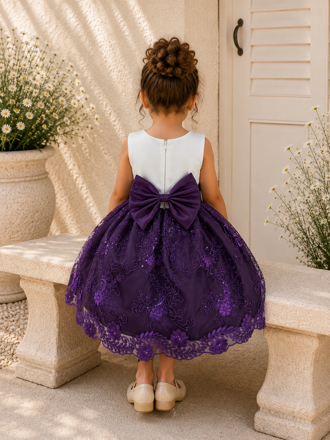 Plum Embroidery Knee Length Dress Eggplant Bridesmaid Flower Girl Junior Youth Toddler