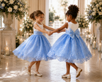 Baby Blue Embroidery Floral Sequin Knee Length Birthday Wedding Pageant Holiday Flower Girl Bridesmaid Dress