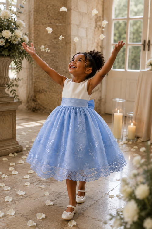 Baby Blue Embroidery Floral Sequin Knee Length Birthday Wedding Pageant Holiday Flower Girl Bridesmaid Dress