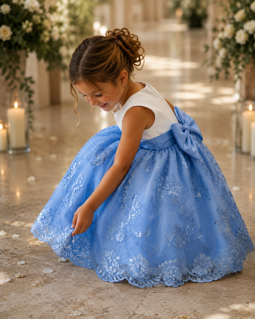 Baby Blue Embroidery Floral Sequin Knee Length Birthday Wedding Pageant Holiday Flower Girl Bridesmaid Dress