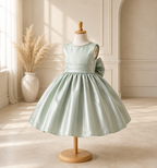 Sage Satin Ivory Pearl V Back Knee Length Dress Wedding Flower Girl Bridesmaid Junior Youth Toddler Holiday Fall Dress