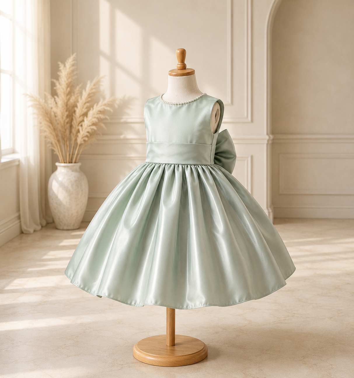 Sage Satin Ivory Pearl V Back Knee Length Dress Wedding Flower Girl Bridesmaid Junior Youth Toddler Holiday Fall Dress