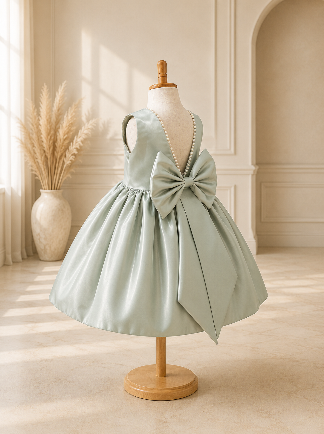 Sage Satin Ivory Pearl V Back Knee Length Dress Wedding Flower Girl Bridesmaid Junior Youth Toddler Holiday Fall Dress