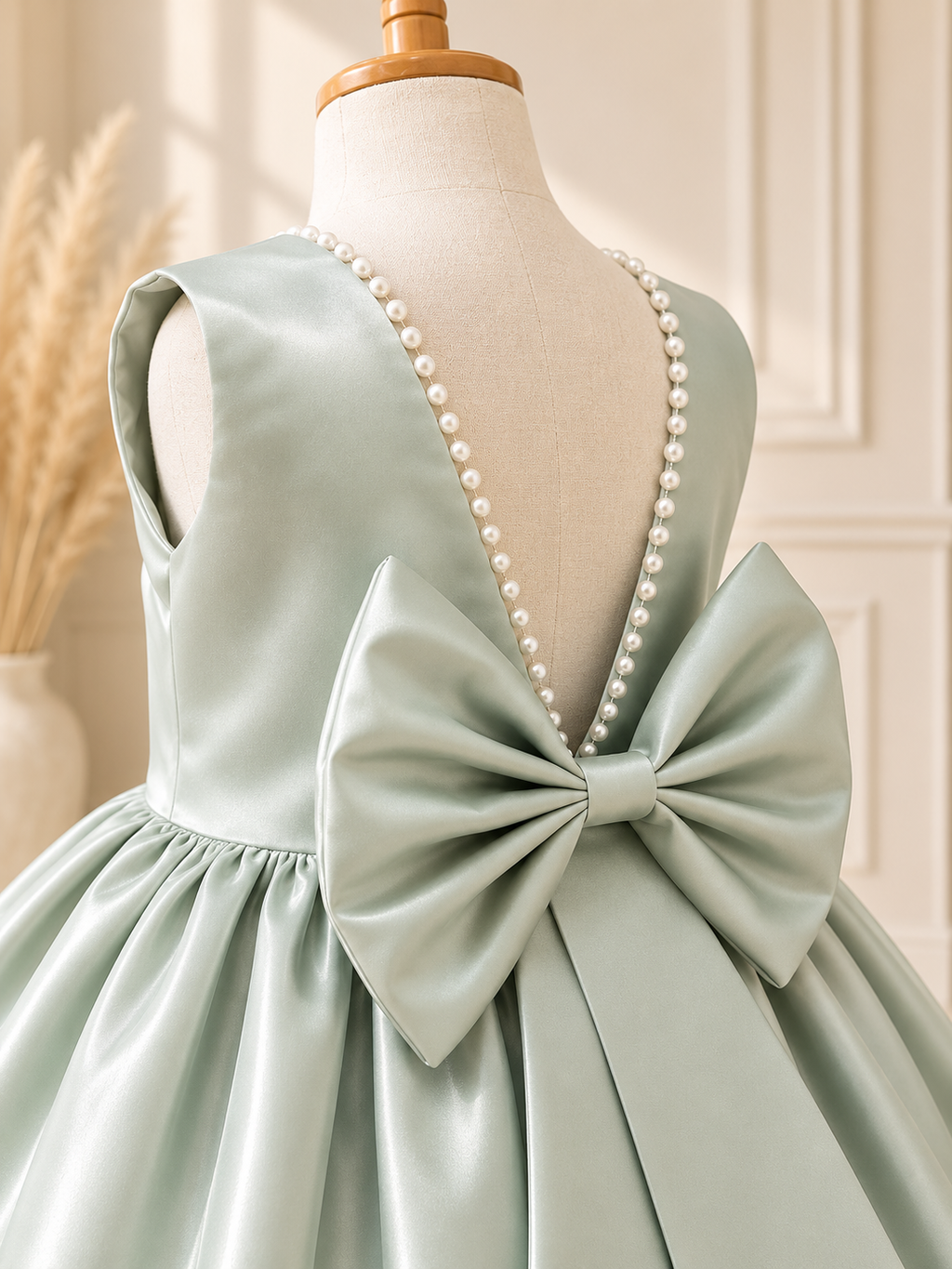 Sage Satin Ivory Pearl V Back Knee Length Dress Wedding Flower Girl Bridesmaid Junior Youth Toddler Holiday Fall Dress