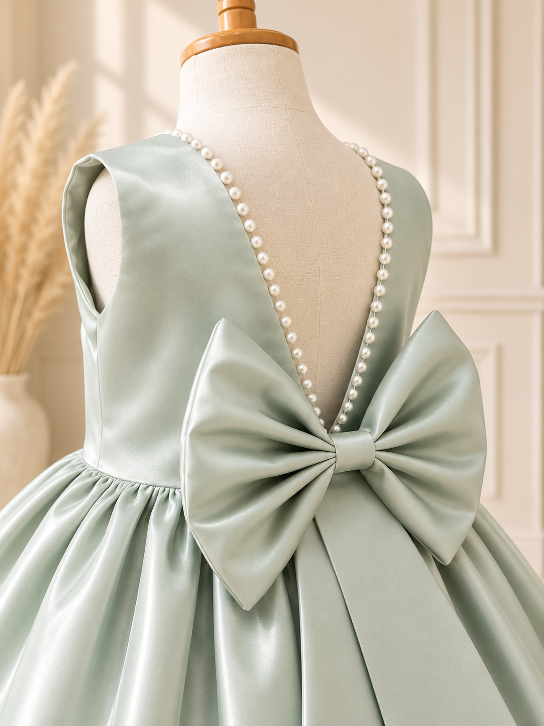 Sage Satin Ivory Pearl V Back Knee Length Dress Wedding Flower Girl Bridesmaid Junior Youth Toddler Holiday Fall Dress