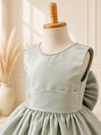 Sage Satin Ivory Pearl V Back Knee Length Dress Wedding Flower Girl Bridesmaid Junior Youth Toddler Holiday Fall Dress