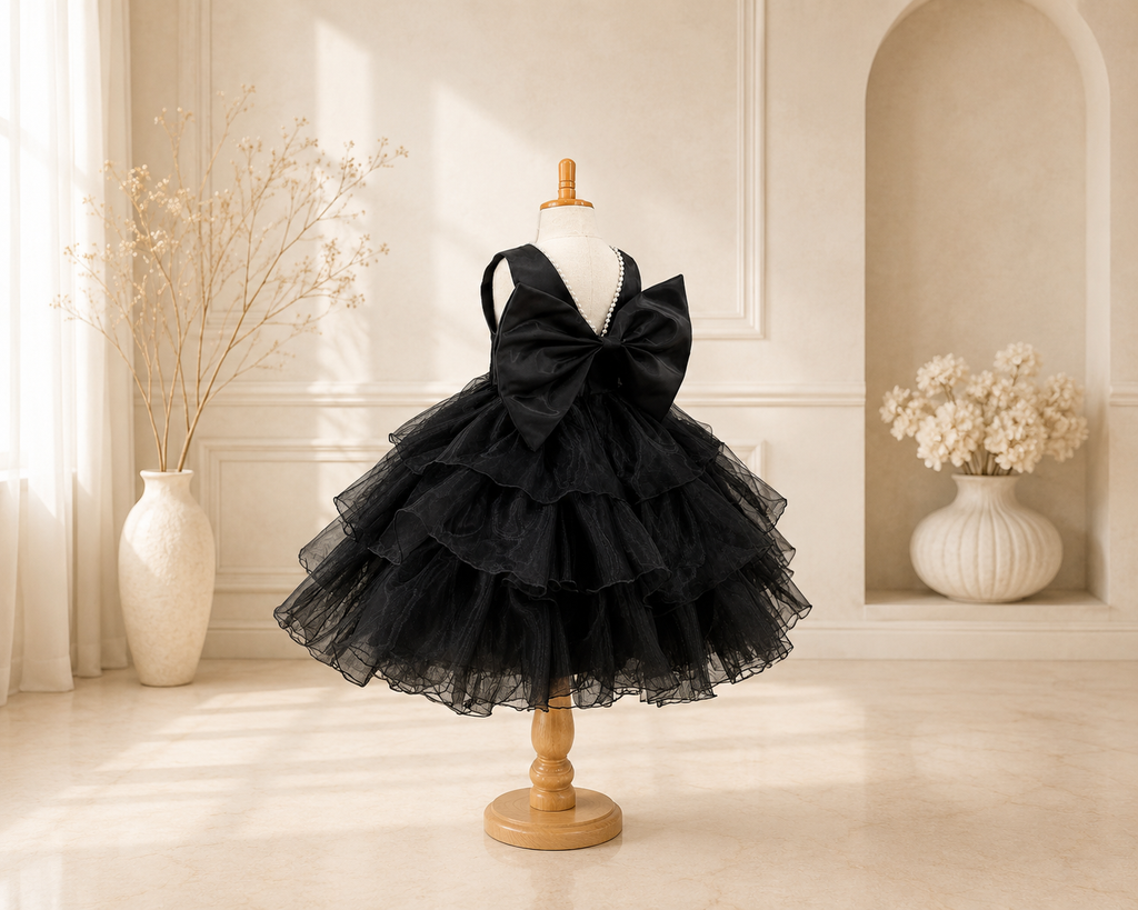 Black Organza Pearl Ruffle Knee Dress Toddler Youth Tween Junior Flower Girl Bridesmaid Dress Holiday Pageant Wedding