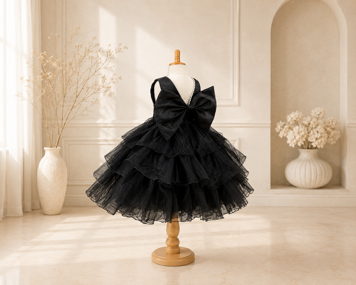 Black Organza Pearl Ruffle Knee Dress Toddler Youth Tween Junior Flower Girl Bridesmaid Dress Holiday Pageant Wedding