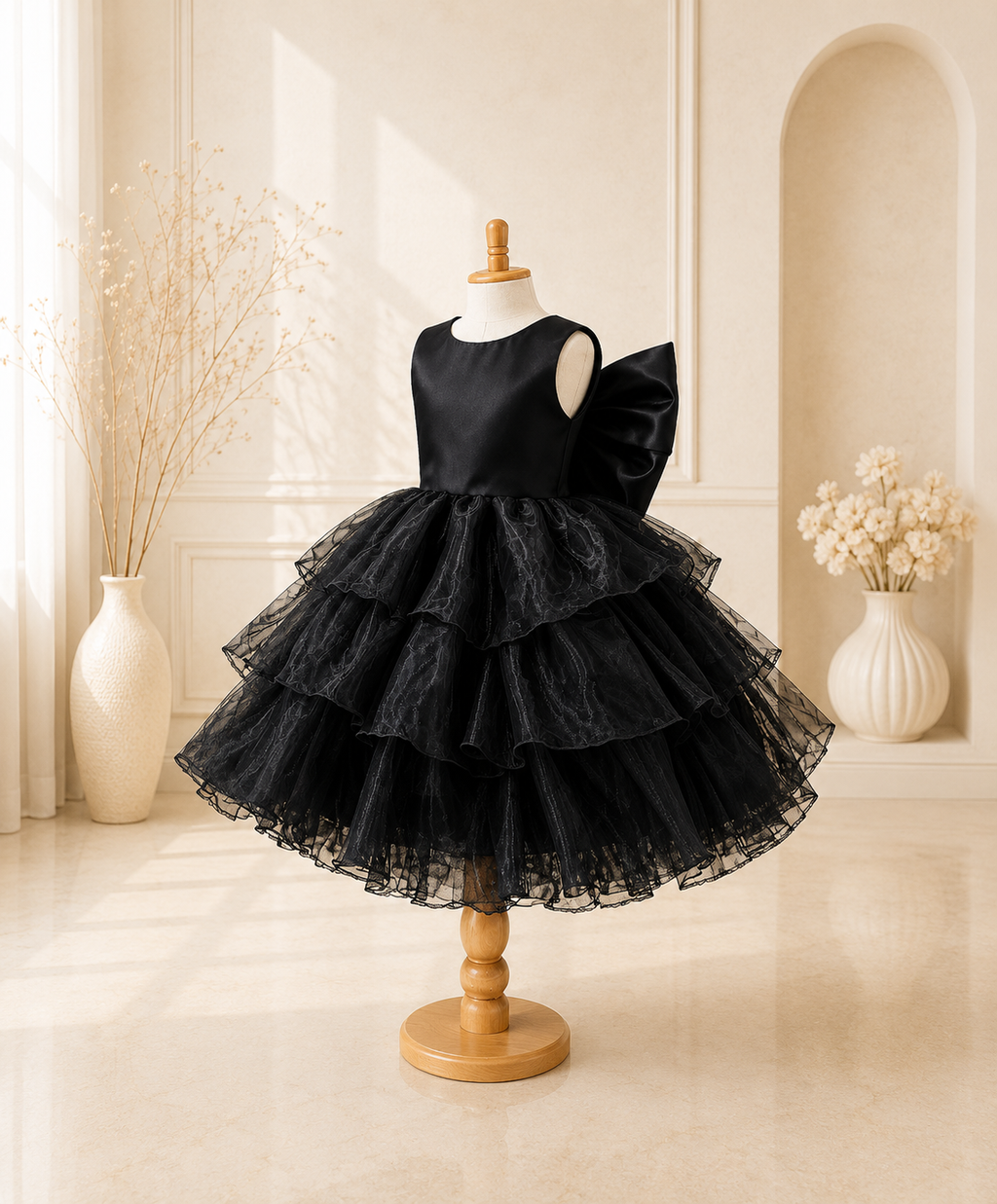 Black Organza Pearl Ruffle Knee Dress Toddler Youth Tween Junior Flower Girl Bridesmaid Dress Holiday Pageant Wedding