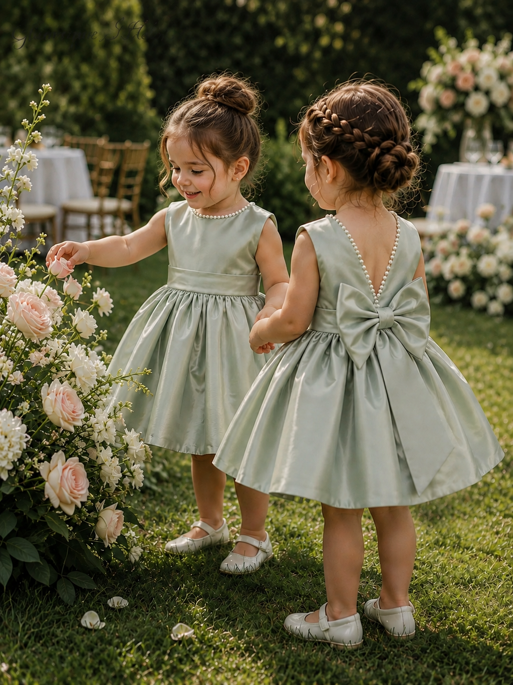 Sage Satin Ivory Pearl V Back Knee Length Dress Wedding Flower Girl Bridesmaid Junior Youth Toddler Holiday Fall Dress