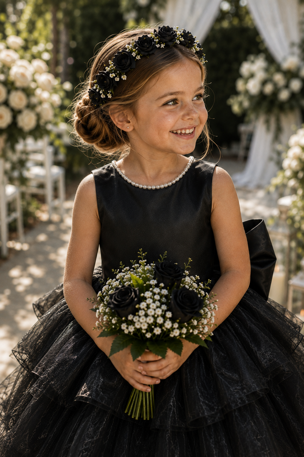 Black Organza Pearl Ruffle Knee Dress Toddler Youth Tween Junior Flower Girl Bridesmaid Dress Holiday Pageant Wedding