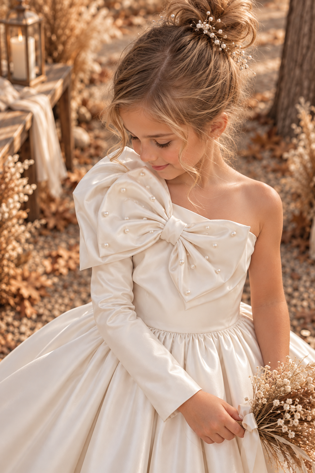 Ivory Satin Pearl Double Bow One Shoulder Long Sleeve Ankle Length Dress