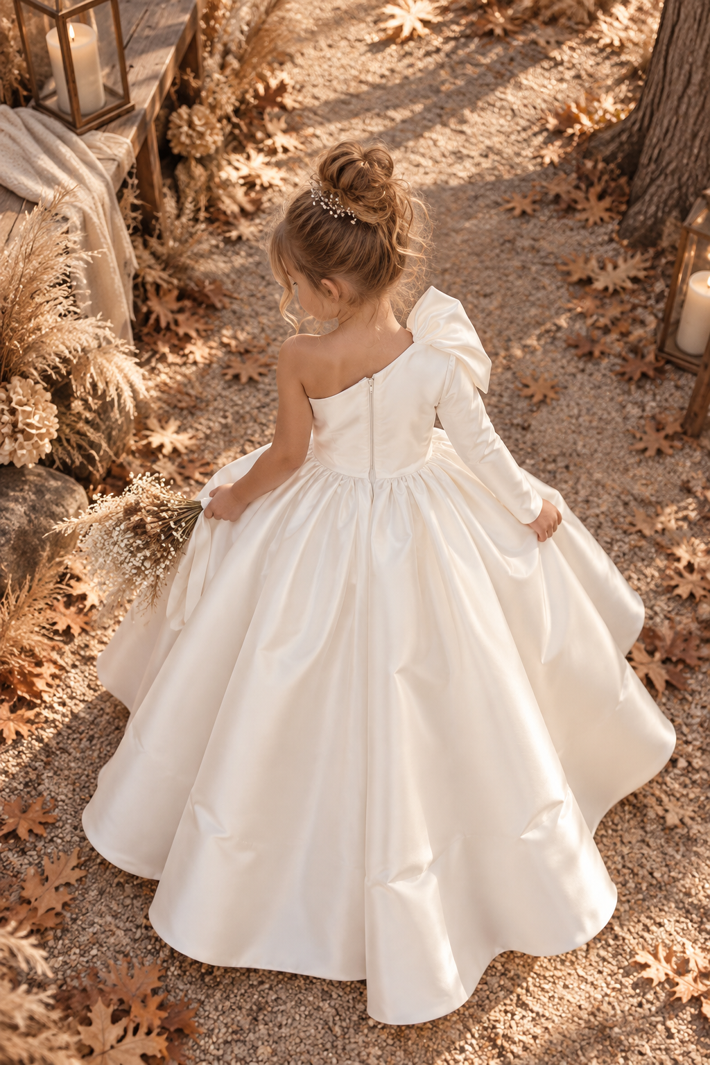 Ivory Satin Pearl Double Bow One Shoulder Long Sleeve Ankle Length Dress