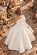 Ivory Satin Pearl Double Bow One Shoulder Long Sleeve Ankle Length Dress