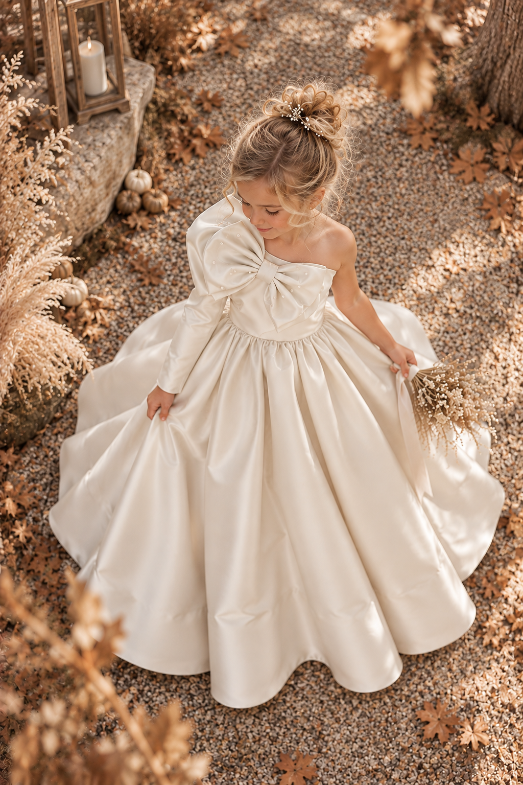 Ivory Satin Pearl Double Bow One Shoulder Long Sleeve Ankle Length Dress