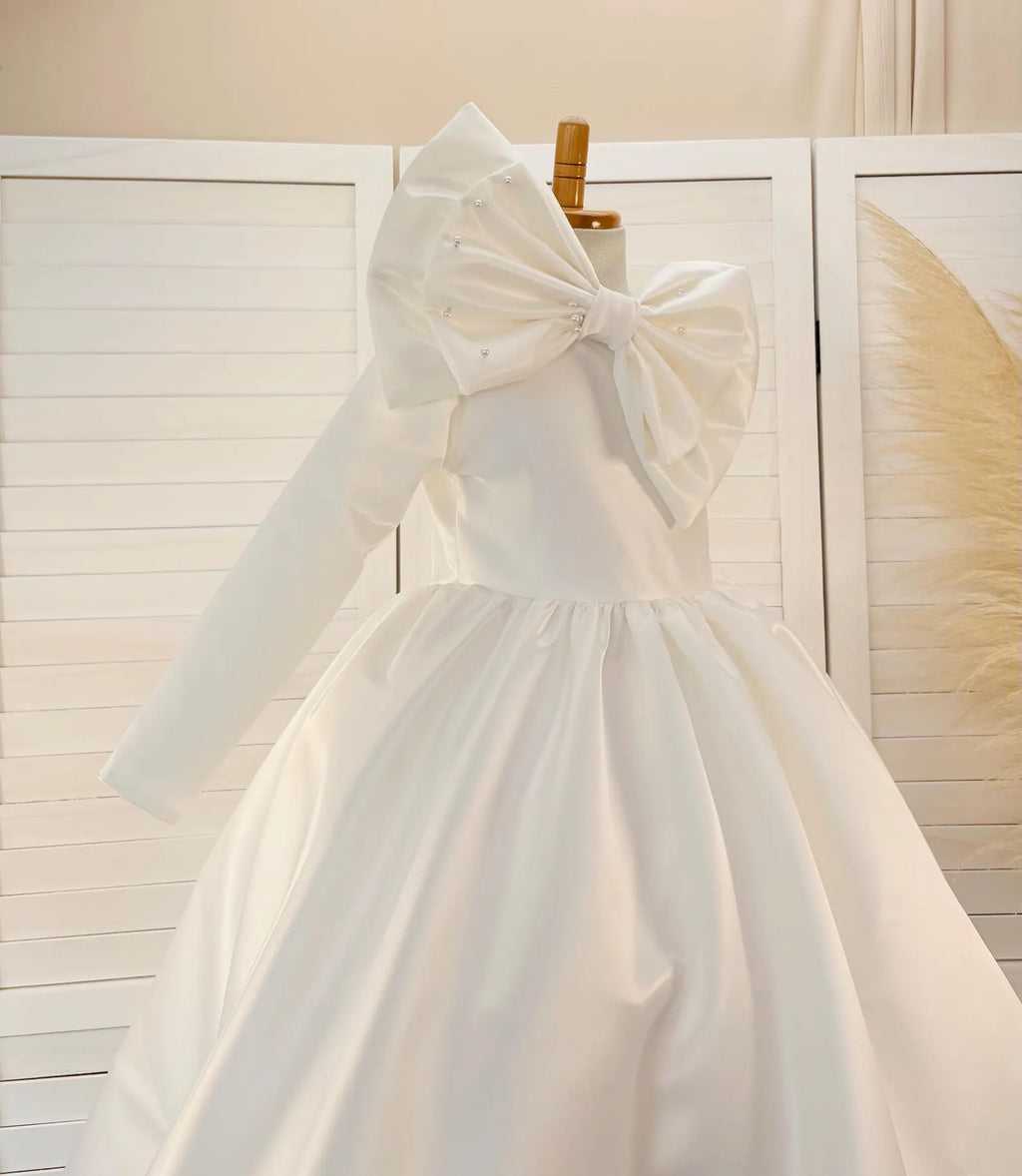 Ivory Satin Pearl Double Bow One Shoulder Long Sleeve Ankle Length Dress