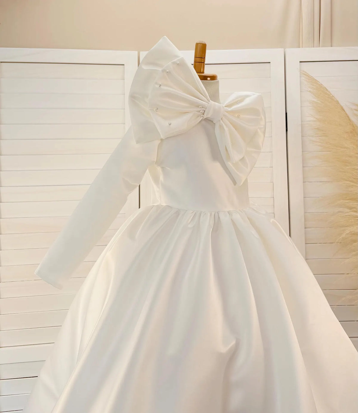 Ivory Satin Pearl Double Bow One Shoulder Long Sleeve Ankle Length Dress