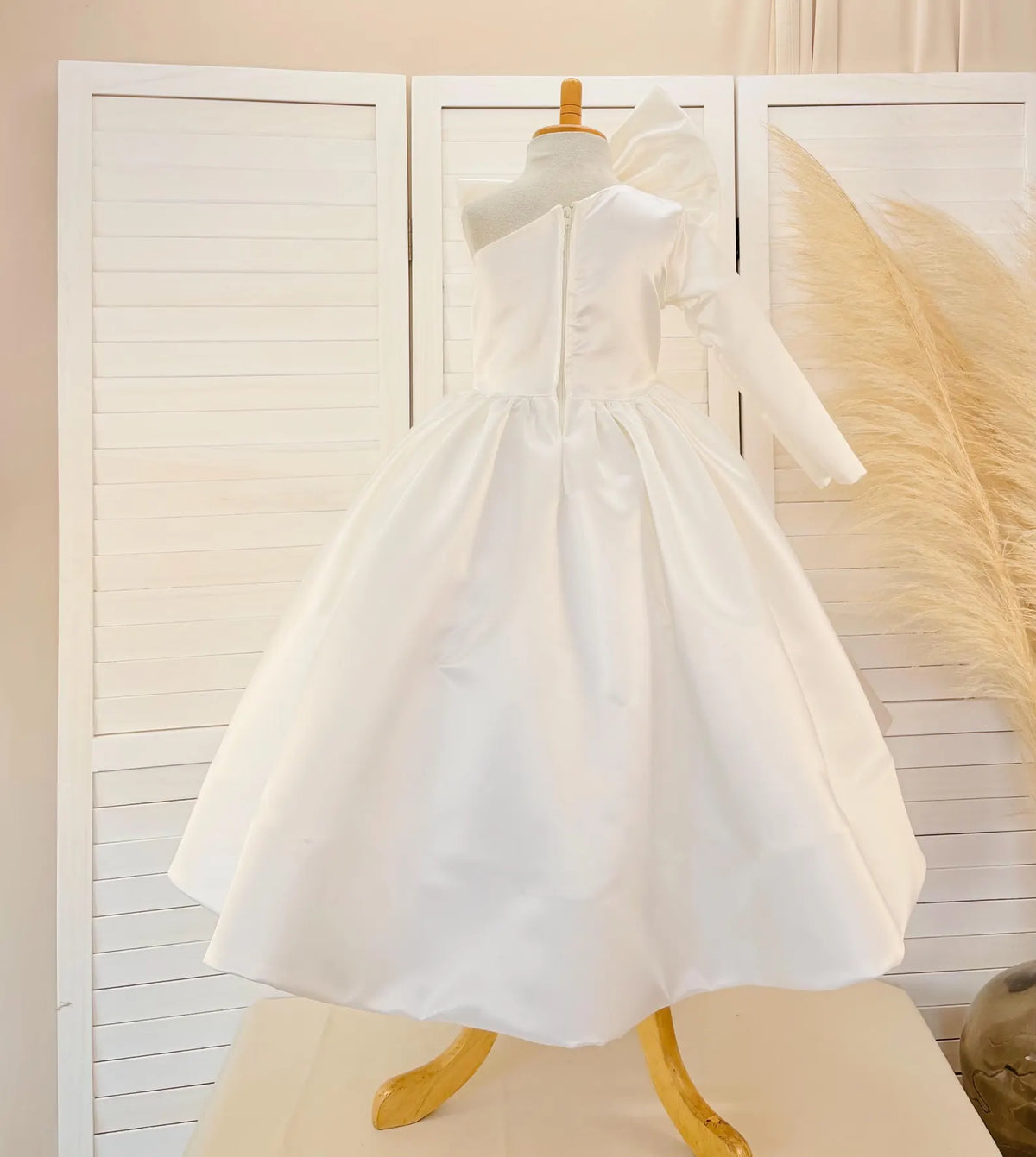 Ivory Satin Pearl Double Bow One Shoulder Long Sleeve Ankle Length Dress