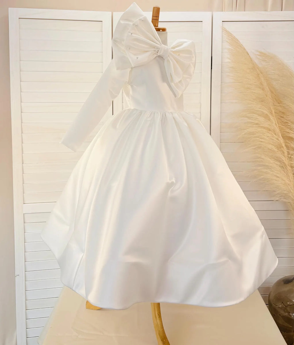 Ivory Satin Pearl Double Bow One Shoulder Long Sleeve Ankle Length Dress