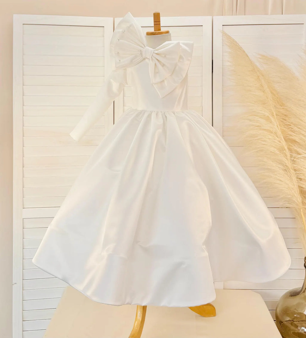 Ivory Satin Pearl Double Bow One Shoulder Long Sleeve Ankle Length Dress
