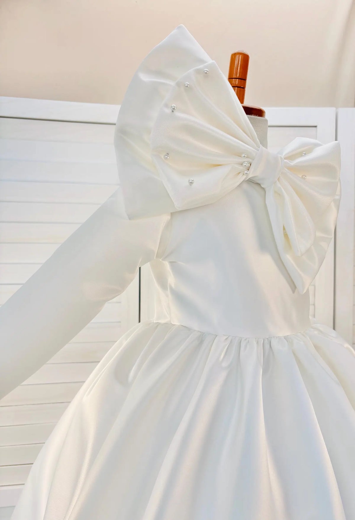 Ivory Satin Pearl Double Bow One Shoulder Long Sleeve Ankle Length Dress